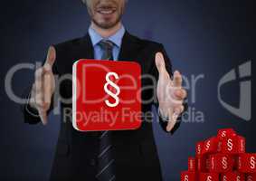 Section icon symbols and Businessman with hands palm open and dark background