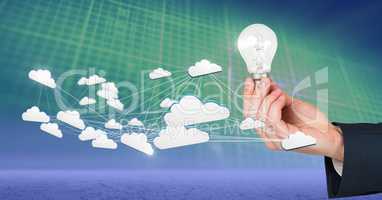 Hand touching 3D cloud and light bulb idea connected icons