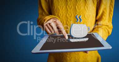 Hand holding tablet with 3D coffee icon