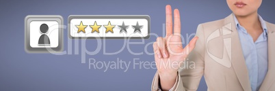 Businesswoman holding three fingers and three star review ratings