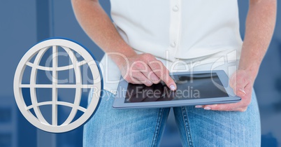 Hand holding tablet with 3D world globe icon