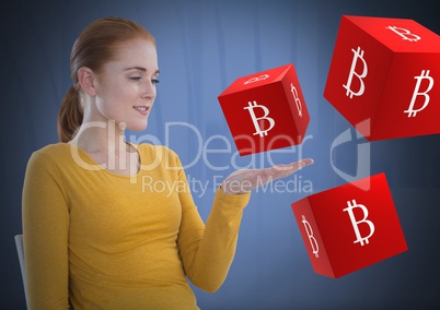 Bitcoin icons and Businesswoman with hands palm open and dark background