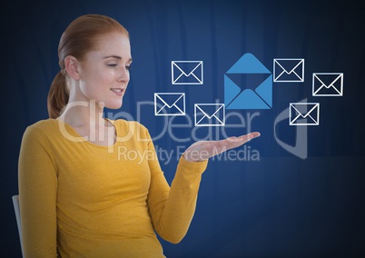 Email message app icons and Businesswoman with hands palm open and dark background