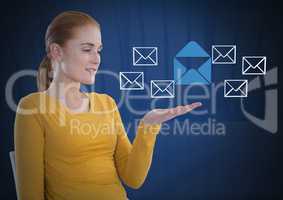 Email message app icons and Businesswoman with hands palm open and dark background