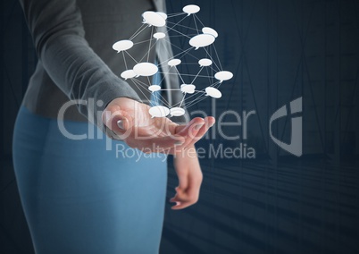 chat bubbles app icons connected and Businesswoman with hand palm open and dark background
