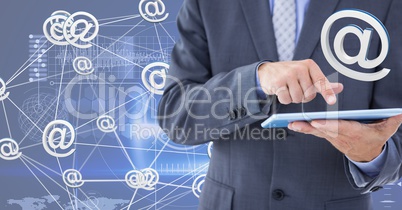 Hand holding tablet with 3D @ icons