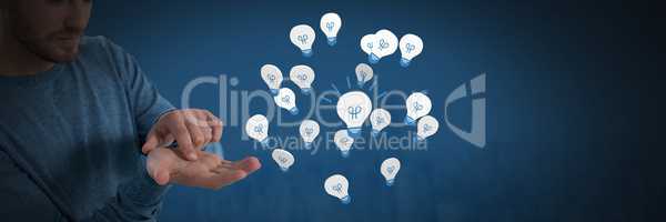 Idea light bulb app icons and Businessman with hands palm open and dark background