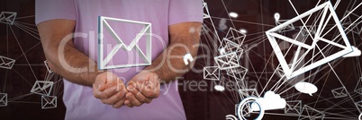 Message email app icons connected and man with hands palm open and dark background