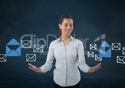 Email message app icons and Businesswoman with hands palm open and dark background