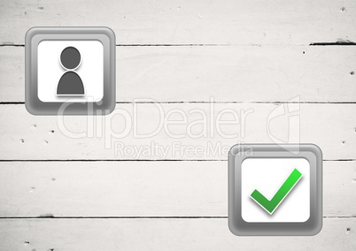 user profile and correct tick button on white wood