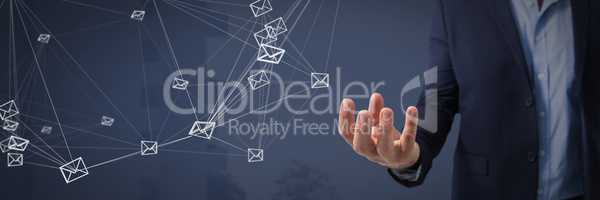 email message app icons connected and Businessman with hand palm open and dark background