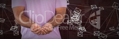 Email message icons connected and man with hands palm open and dark background