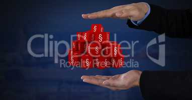 Section icons and Businessman with hands palm open and dark background