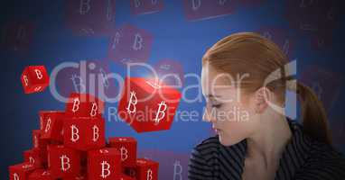 Bitcoin icon symbols and Businesswoman with eyes closed and dark background