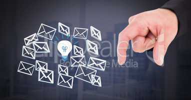 Hand touching 3D email message light bulb idea icons