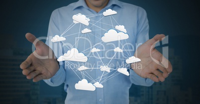 Cloud app icons connected and Businessman with hands palm open and dark background