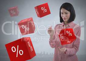 Percent icons and Businesswoman with hands palm open and dark background