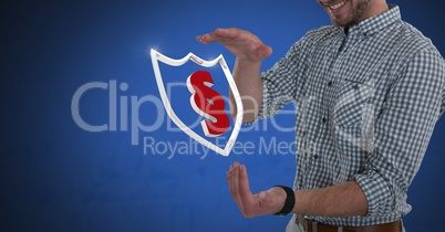 Section symbol shield and Businessman with hands palm open and dark background