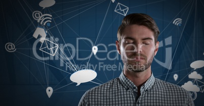 Mixed various app icons connected and Businessman with eyes closed and dark background