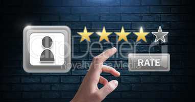 Hand touching rate button with star review icons