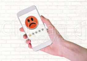 One star review rating and Hand holding phone with sad smiley face
