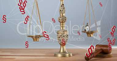 Justice gavel and balance scales and section symbol icons