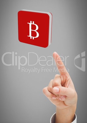 Hand touching bitcoin symbol icon