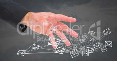 Hand open with 3D email message connected icons