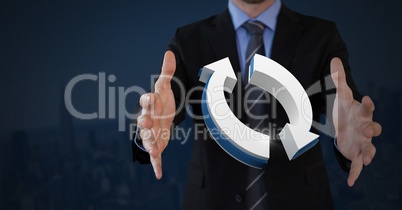 Refresh recycle icon symbol and Businessman with hands palm open and dark background