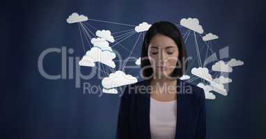 Cloud app icons connected and Businesswoman with eyes closed and dark background
