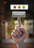 Hand touching feedback button with smiley face satisfaction icon