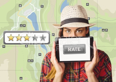 Woman holding tablet with rate button and star reviews over map