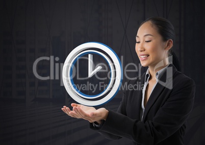 Clock icon symbol and Businesswoman with hands palm open and dark background