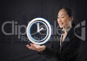 Clock icon symbol and Businesswoman with hands palm open and dark background