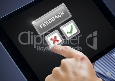 Hands holding tablet with feedback buttons