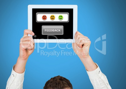 Man holding tablet with feedback smiley satisfaction icons