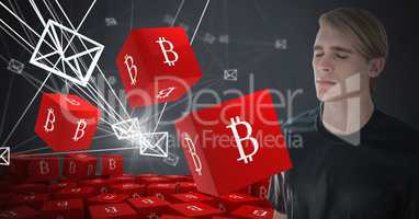 Bitcoin icon symbols and Businessman thinking and dark background