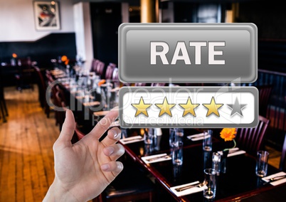 Hand pointing at Rate button and star reviews in restaurant