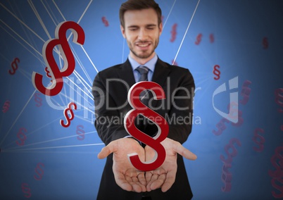 Section symbols icons and Businessman with hands palm open and dark background