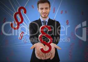 Section symbols icons and Businessman with hands palm open and dark background