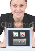 Woman holding tablet with feedback buttons