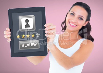 Woman holding tablet with review button and star ratings review