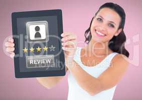 Woman holding tablet with review button and star ratings review