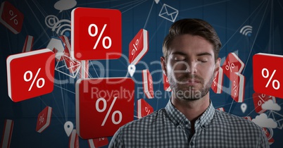 Percent icon symbols and Businessman with eyes closed and dark background
