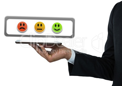 Hand holding tablet with smiley face feedback satisfaction buttons