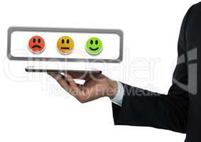 Hand holding tablet with smiley face feedback satisfaction buttons