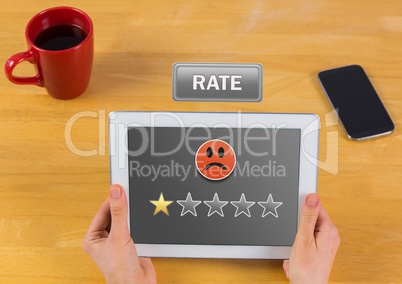 Hand holding tablet with review button and star ratings review with sad smiley face one star review
