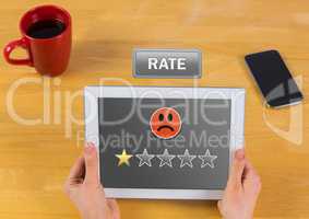 Hand holding tablet with review button and star ratings review with sad smiley face one star review