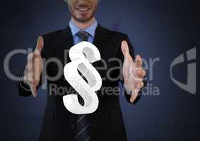 Section icon symbol and Businessman with hands palm open and dark background