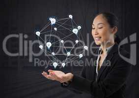 idea light bulb app icons connected and Businesswoman with hands palm open and dark background